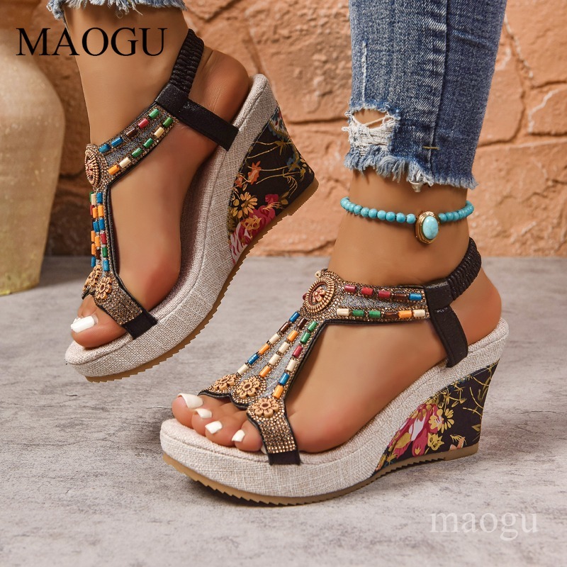 Ethnic Modern Fashion - Sandali con Zeppa Floreali Boho da